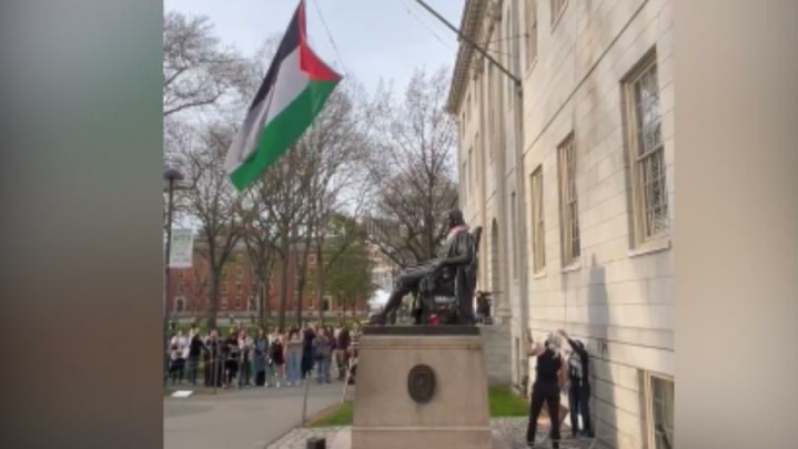 برافراشتن پرچم فلسطین به جای پرچم آمریکا، در دانشگاه «هاروارد»