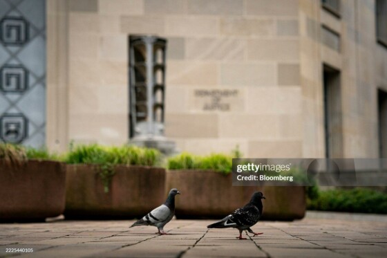 کبوترهایی در مقابل ساختمان وزارت دادگستری ایالات متحده در واشنگتن دی‌سی، آمریکا، دوشنبه ۲۱ ژوئیه ۲۰۲۵. طبق گزارش جدیدی، نیروی کار دولت فدرال در پایتخت و اطراف آن در طول یک سال منتهی به ماه مه، حدود ۲۲٬۱۰۰ نفر کاهش یافته است و پیش‌بینی می‌شود این رقم بیشتر هم شود.