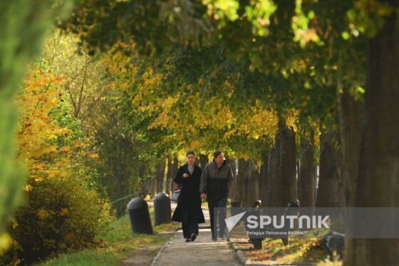 مردم در یک روز آفتابی پاییزی در پارکی در پلیوس، منطقه ایوانوو، روسیه قدم می‌زنند.